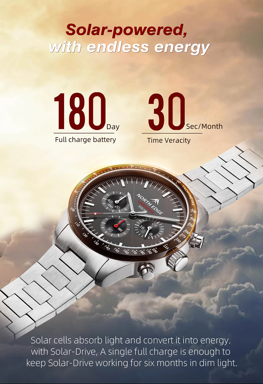 Solar Powered Watch - Jam Tangan Quartz Solar Rechargeable Pointer